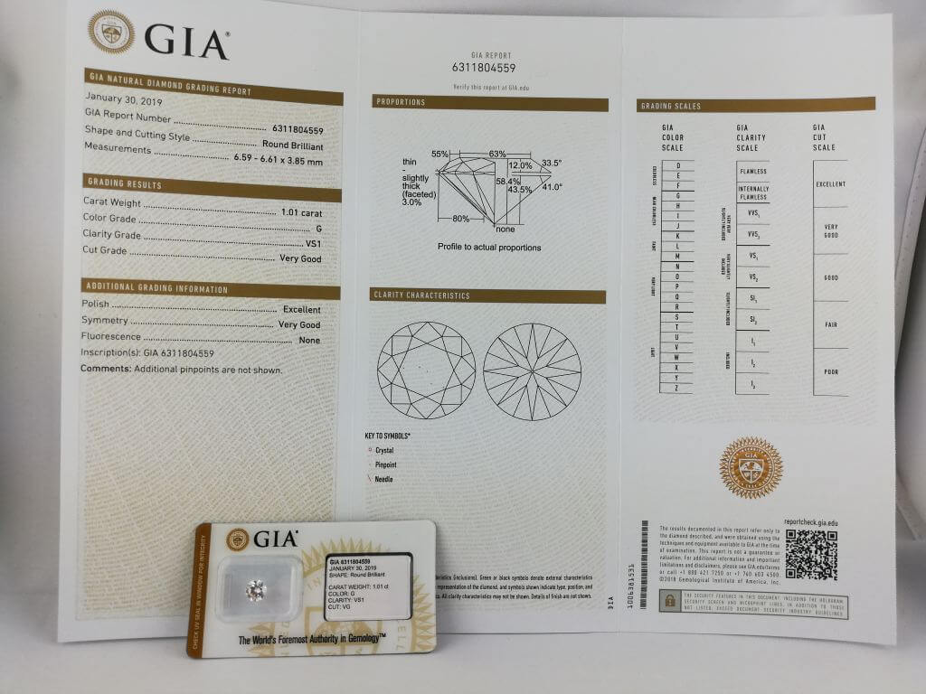 Photo d'un certificat GIA diamant 1.01 carat